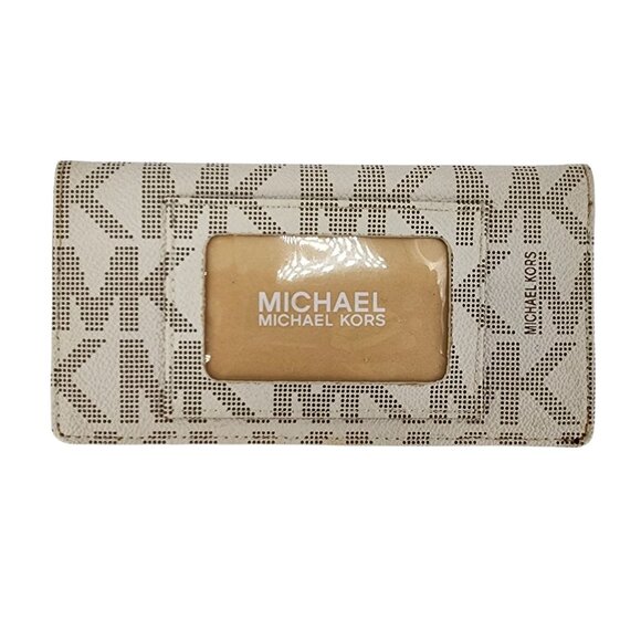 Michael Kors Checkbook Holder Wallet Leather Logo Gray Taupe - Picture 1 of 5
